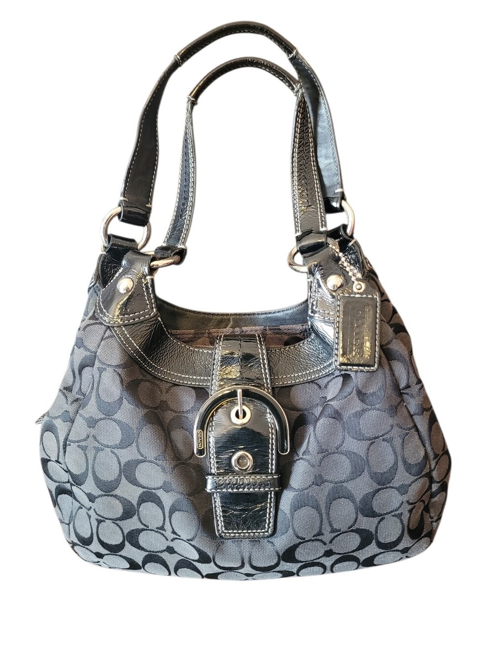 Coach Soho Lynn Hobo Shoulder Bag Black Monogram Jacquard Patent Leather Vintage